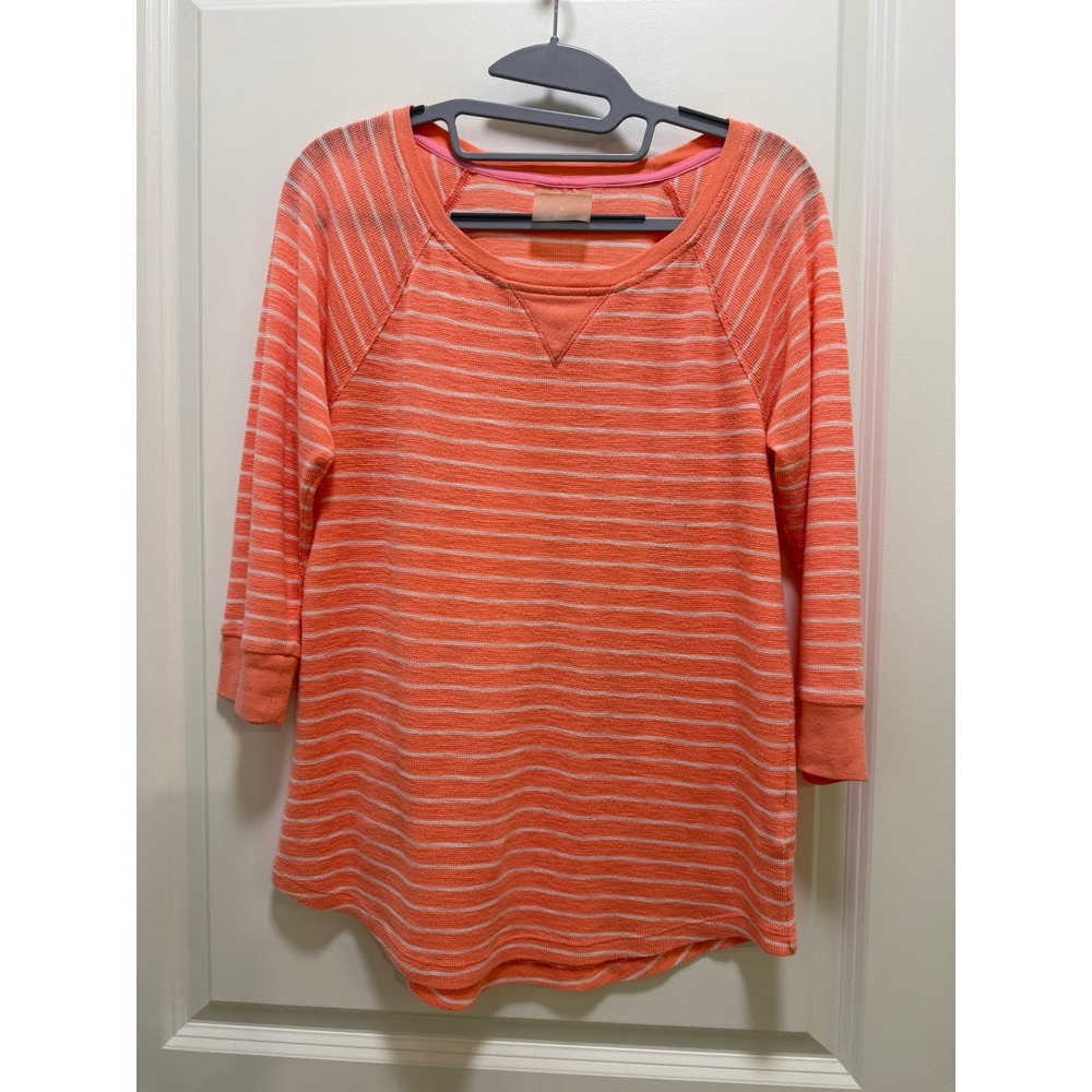 Calvin Klein Performance Womens Coral Striped Waffle Knit 3/4 Sleeve Top Medium